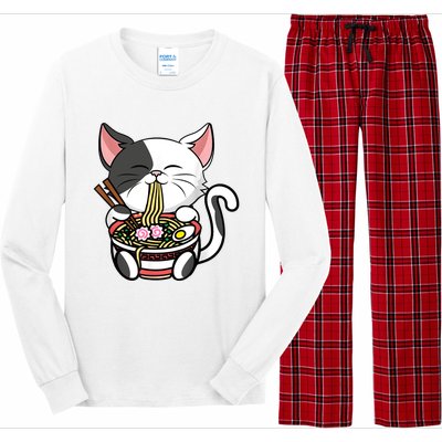 Kawaii Cat Eating Ramen Noodles Japanese Funny Anime Neko Long Sleeve Pajama Set