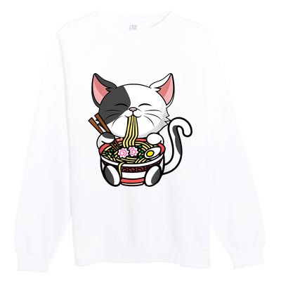 Kawaii Cat Eating Ramen Noodles Japanese Funny Anime Neko Premium Crewneck Sweatshirt