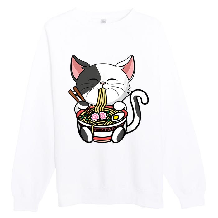 Kawaii Cat Eating Ramen Noodles Japanese Funny Anime Neko Premium Crewneck Sweatshirt