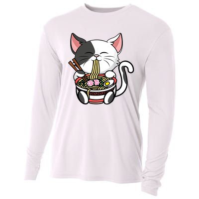 Kawaii Cat Eating Ramen Noodles Japanese Funny Anime Neko Cooling Performance Long Sleeve Crew