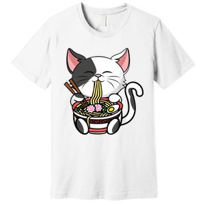 Kawaii Cat Eating Ramen Noodles Japanese Funny Anime Neko Premium T-Shirt