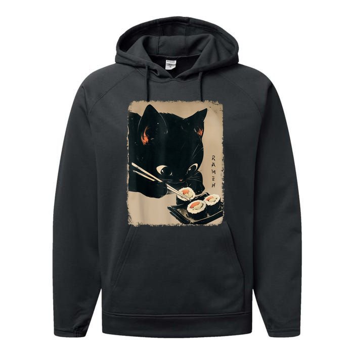 Kawaii Cat Eating Sushi Funny Japanese Anime Cute Cat Performance Fleece Hoodie