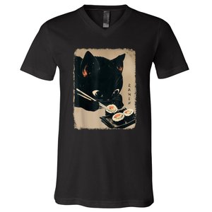 Kawaii Cat Eating Sushi Funny Japanese Anime Cute Cat V-Neck T-Shirt