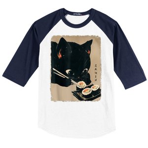 Kawaii Cat Eating Sushi Funny Japanese Anime Cute Cat Baseball Sleeve Shirt