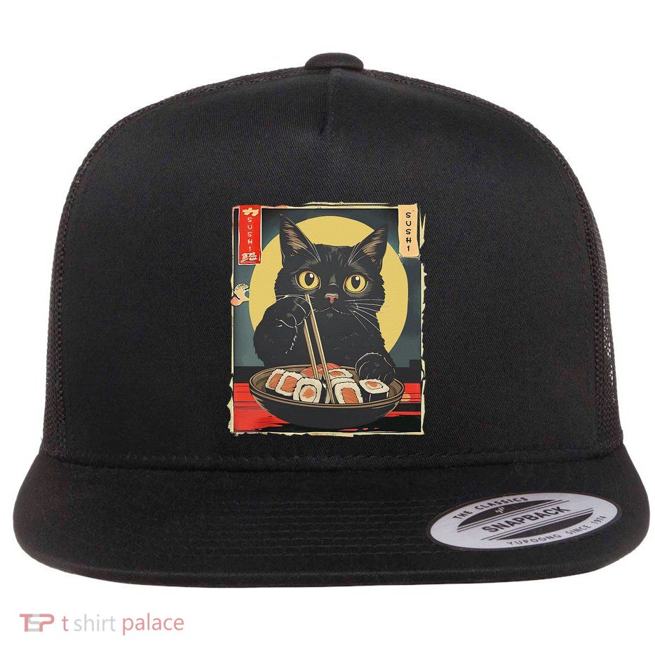 Kawaii Cat Eating Sushi Funny Japanese Anime Cute Cat Flat Bill Trucker Hat
