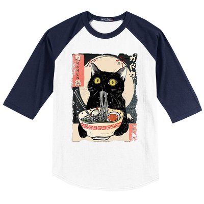 Kawaii Cat Eating Ramen Noodles Funny Anime Baseball Sleeve Shirt