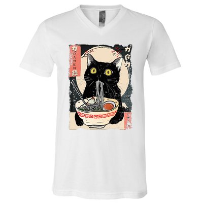 Kawaii Cat Eating Ramen Noodles Funny Anime V-Neck T-Shirt