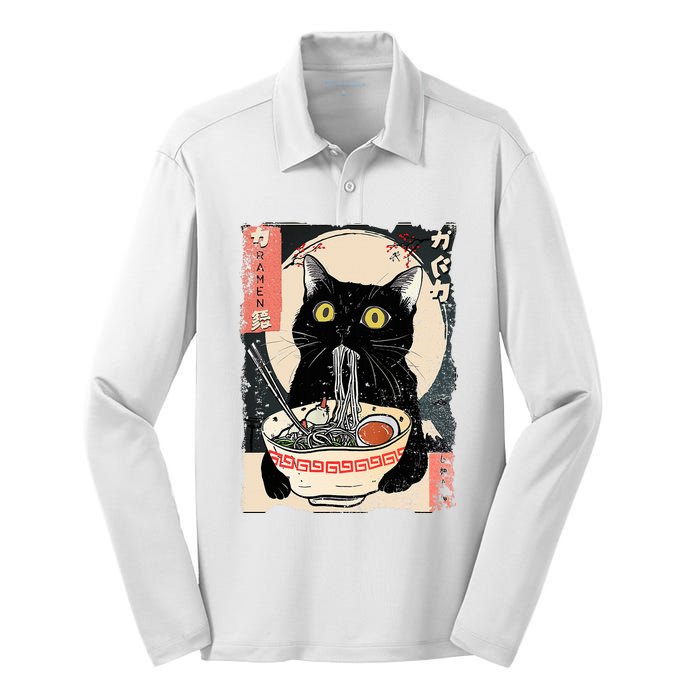 Kawaii Cat Eating Ramen Noodles Funny Anime Silk Touch Performance Long Sleeve Polo