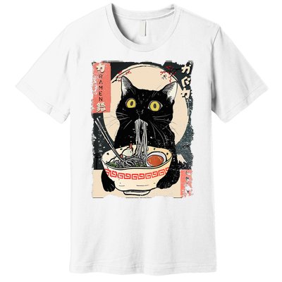 Kawaii Cat Eating Ramen Noodles Funny Anime Premium T-Shirt