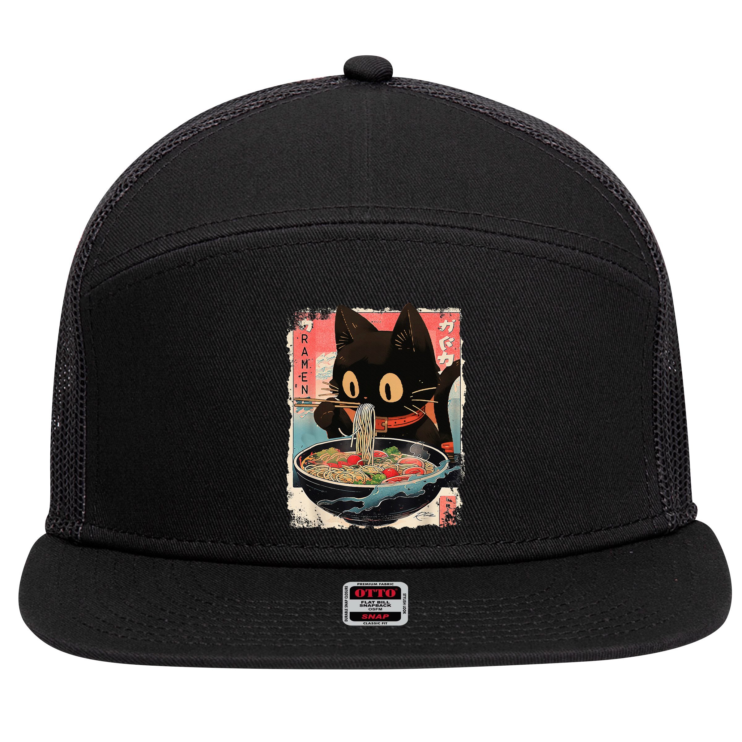 Kawaii Cat Eating Ramen Noodles Anime 7 Panel Mesh Trucker Snapback Hat