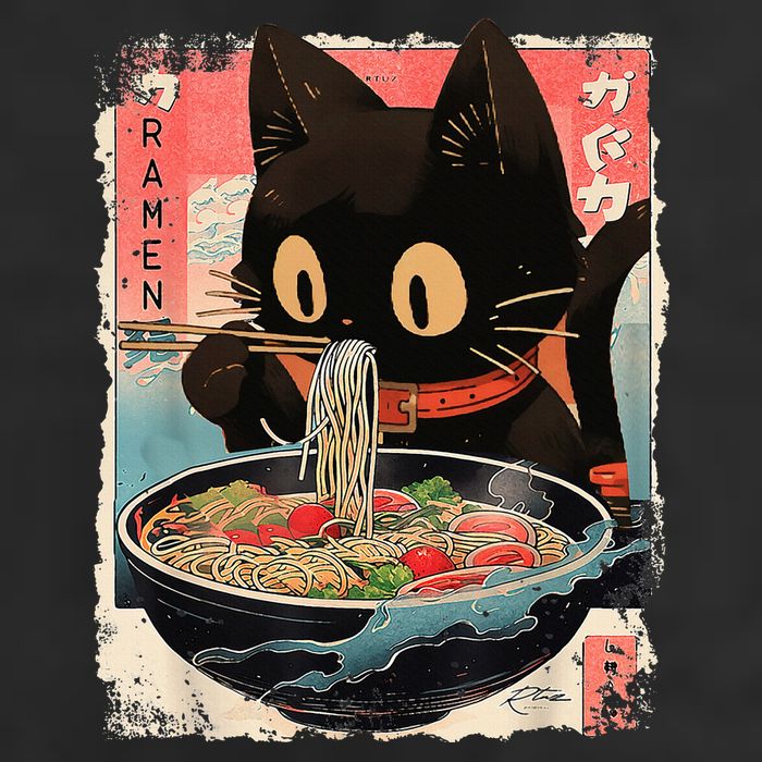 Kawaii Cat Eating Ramen Noodles Anime 7 Panel Mesh Trucker Snapback Hat