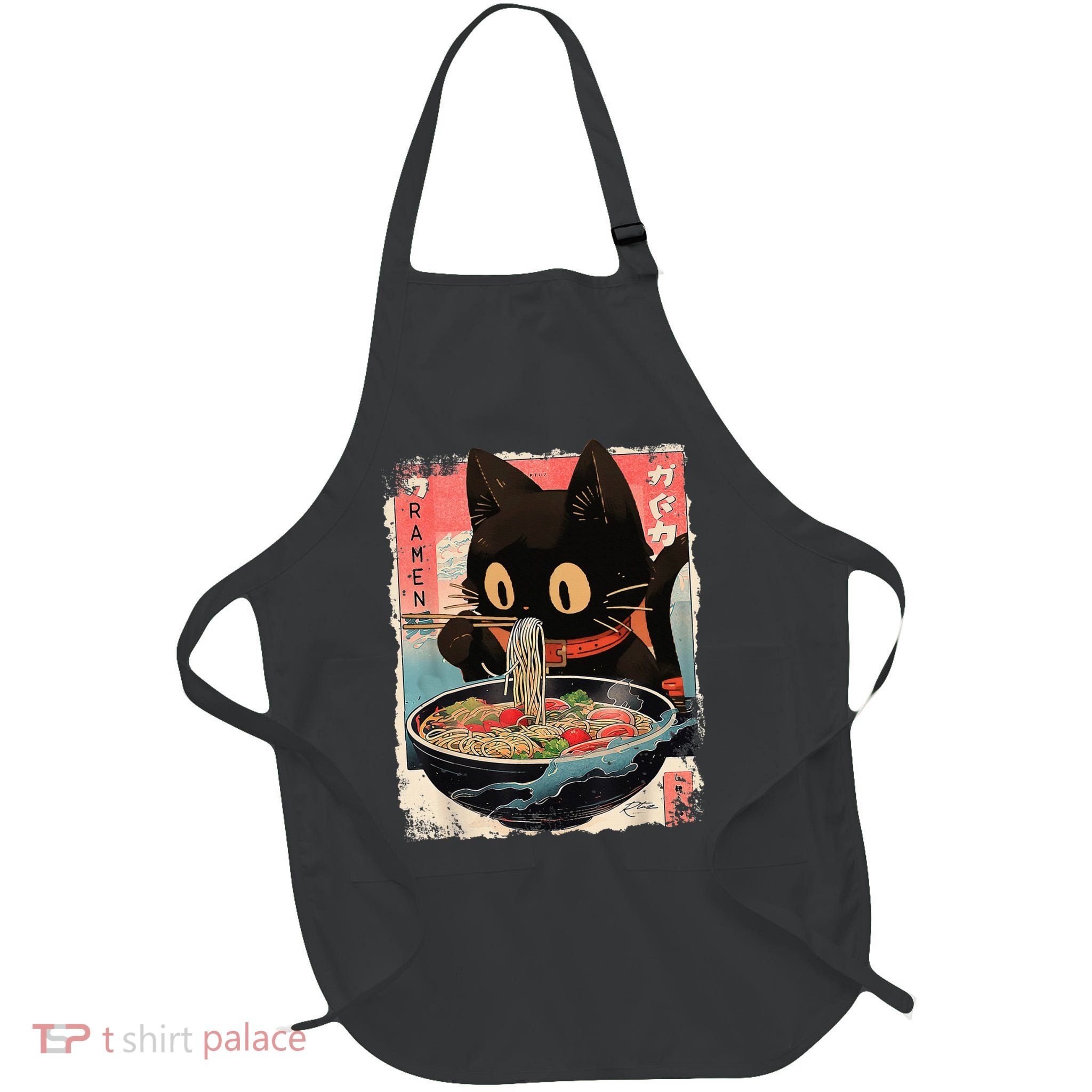 Kawaii Cat Eating Ramen Noodles Anime Full-Length Apron With Pockets