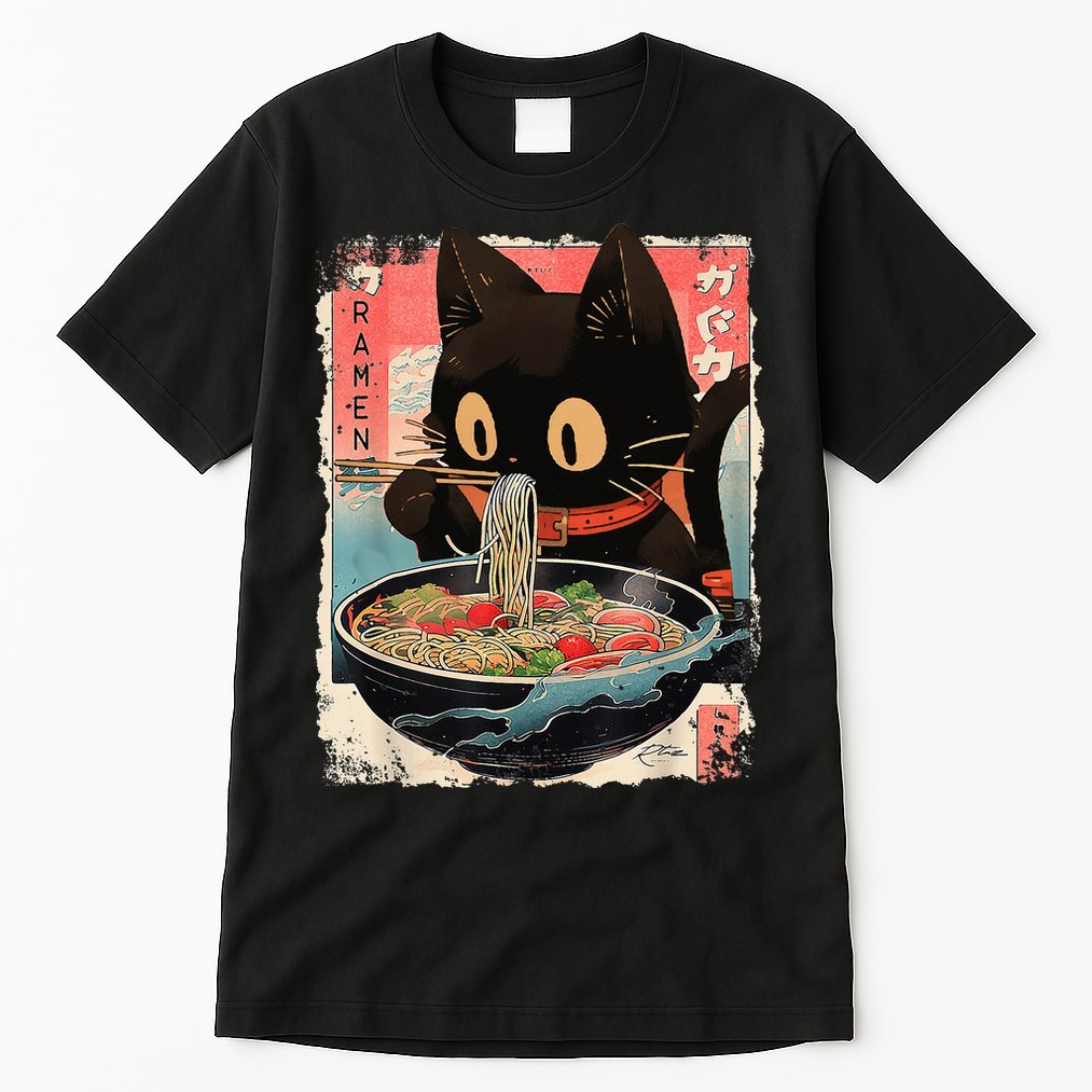 Kawaii Cat Eating Ramen Noodles Anime Tall T-Shirt