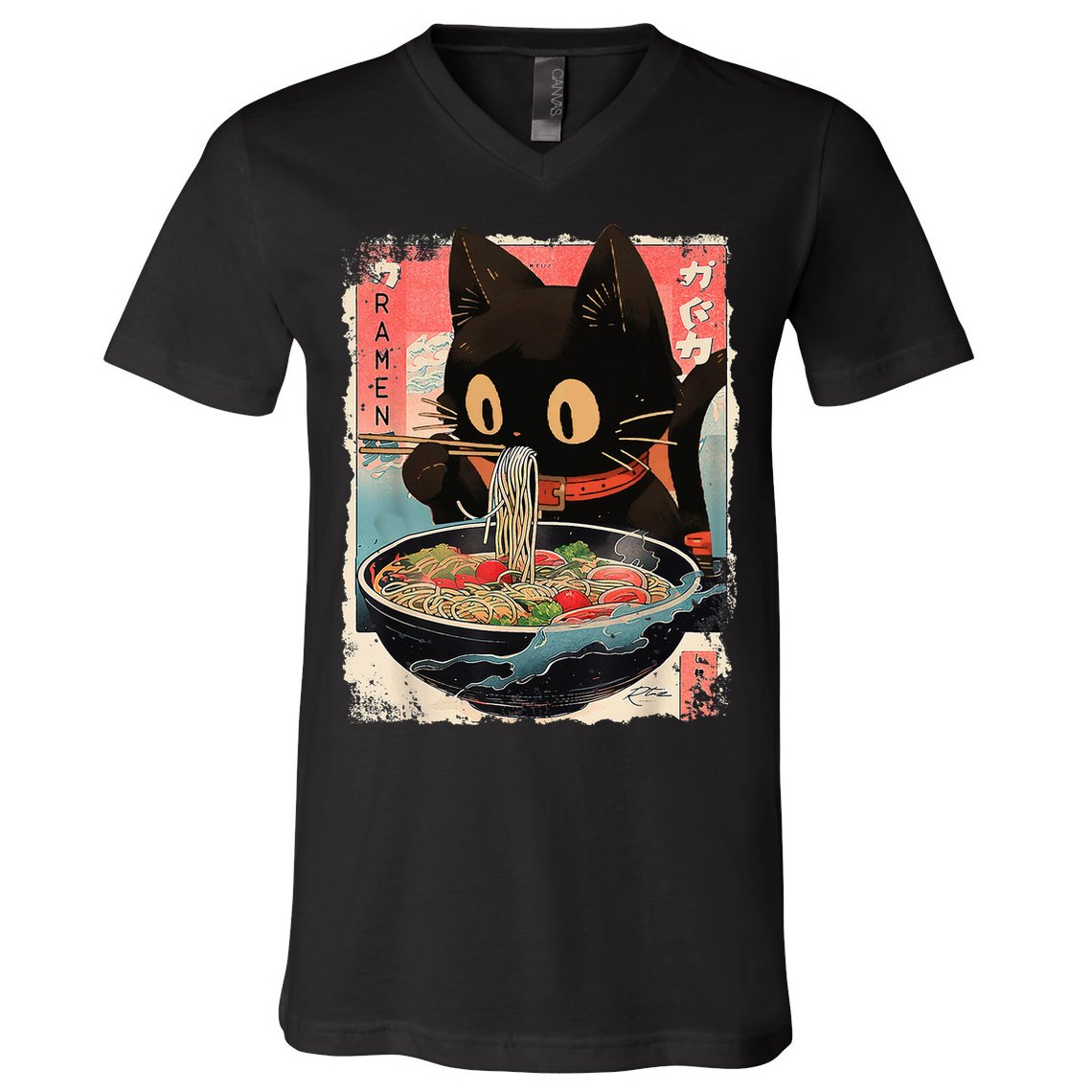 Kawaii Cat Eating Ramen Noodles Anime V-Neck T-Shirt