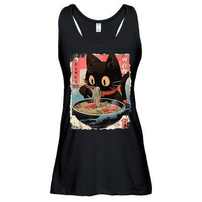 Kawaii Cat Eating Ramen Noodles Anime Ladies Essential Flowy Tank
