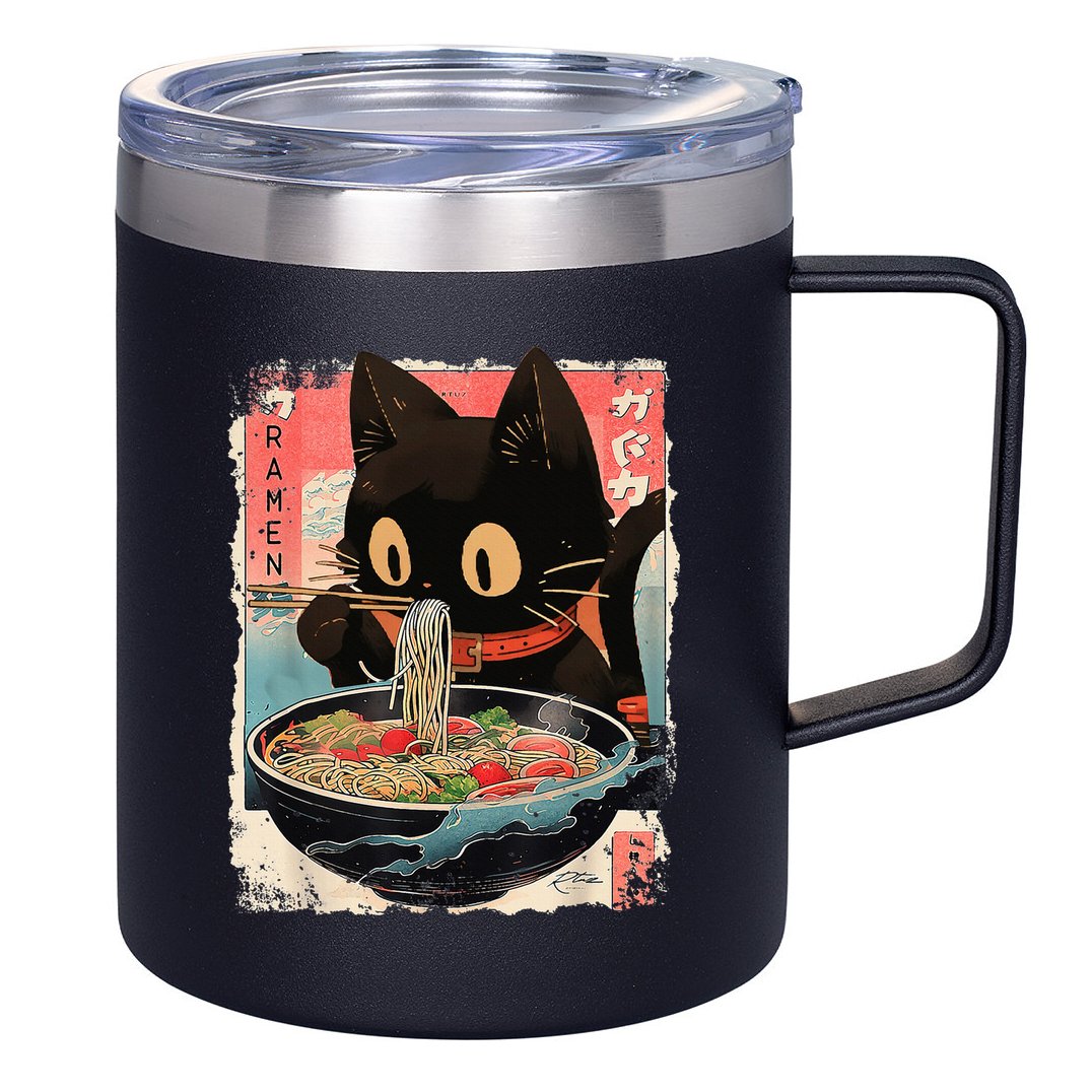 Kawaii Cat Eating Ramen Noodles Anime 12oz Stainless Steel Coffee Mug