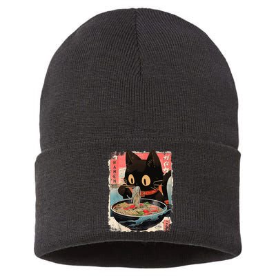 Kawaii Cat Eating Ramen Noodles Anime Sustainable Knit Beanie