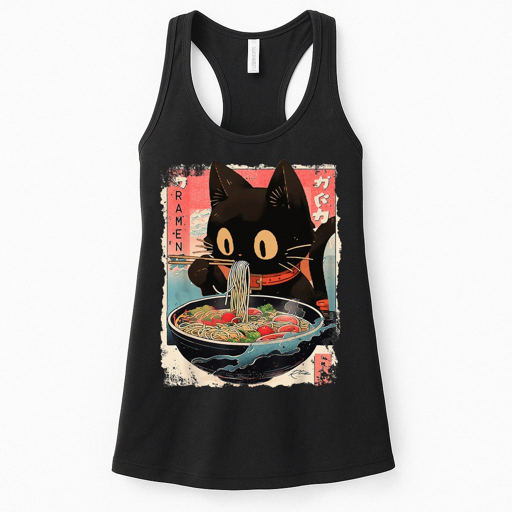 Kawaii Cat Eating Ramen Noodles Anime Womens Tank Top