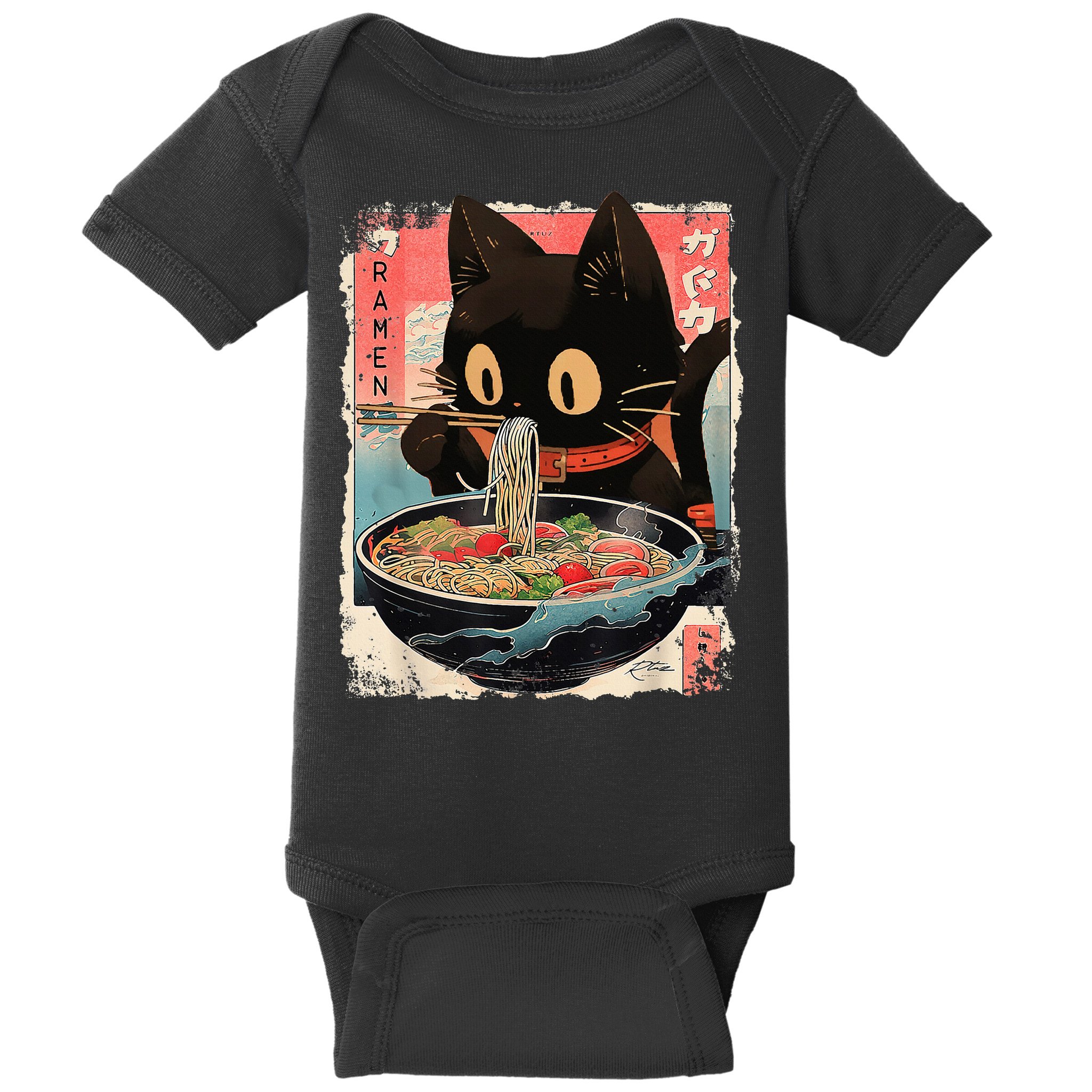 Kawaii Cat Eating Ramen Noodles Anime Baby Bodysuit