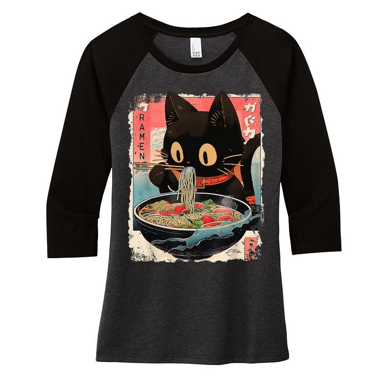 Kawaii Cat Eating Ramen Noodles Anime Women's Tri-Blend 3/4-Sleeve Raglan Shirt