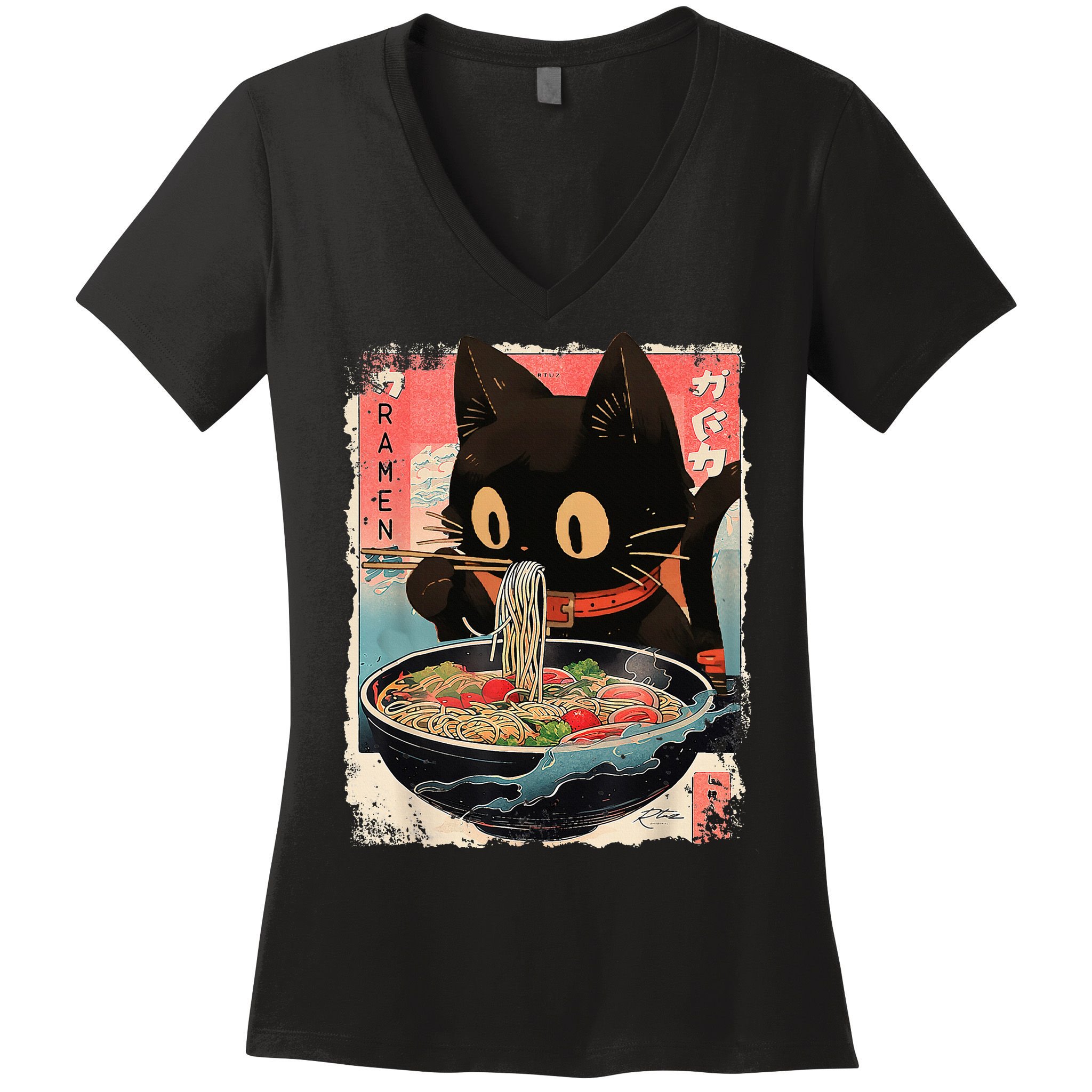 Kawaii Cat Eating Ramen Noodles Anime Women's V-Neck T-Shirt