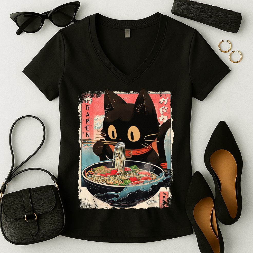 Kawaii Cat Eating Ramen Noodles Anime Women's V-Neck T-Shirt