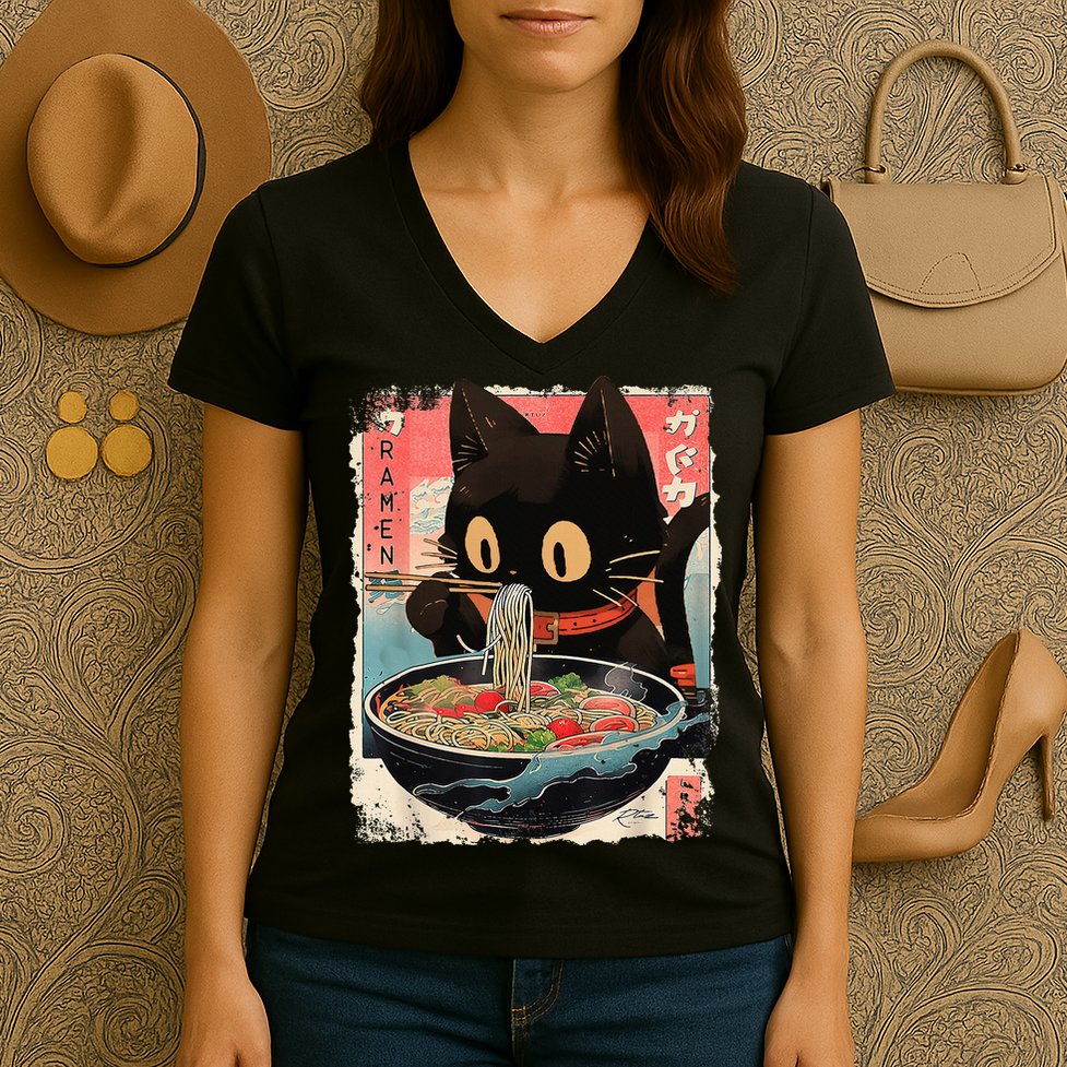 Kawaii Cat Eating Ramen Noodles Anime Women's V-Neck T-Shirt