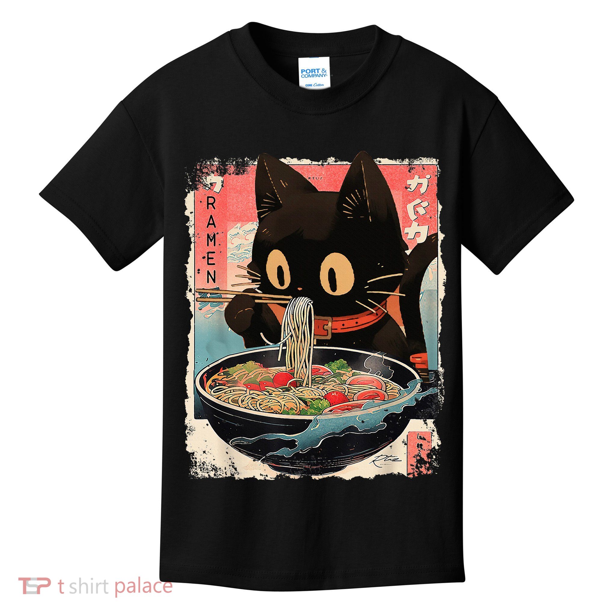 Kawaii Cat Eating Ramen Noodles Anime Kids T-Shirt