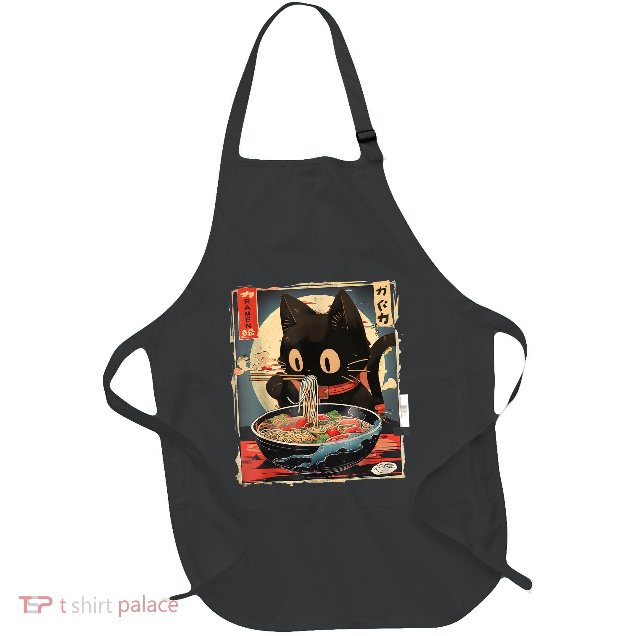 Kawaii Cat Eating Ramen Noodles Anime Gift Full-Length Apron With Pockets