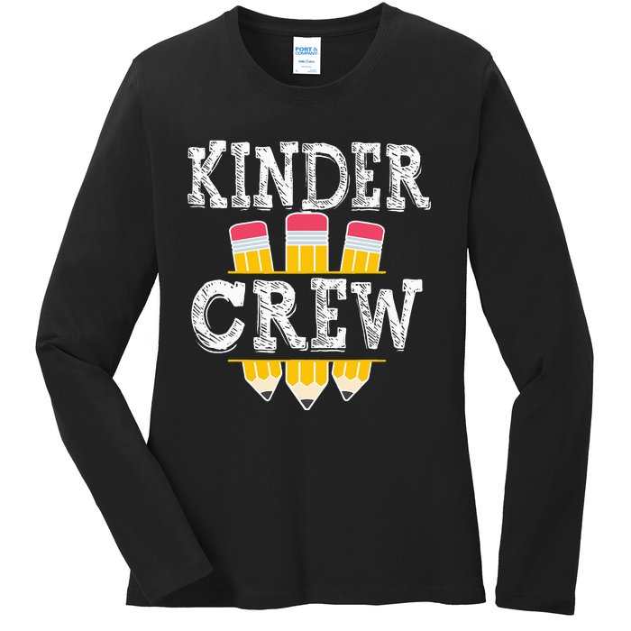 Kinder Crew Fun Kindergarten Squad Teacher 1st Day of School Ladies Long Sleeve Shirt