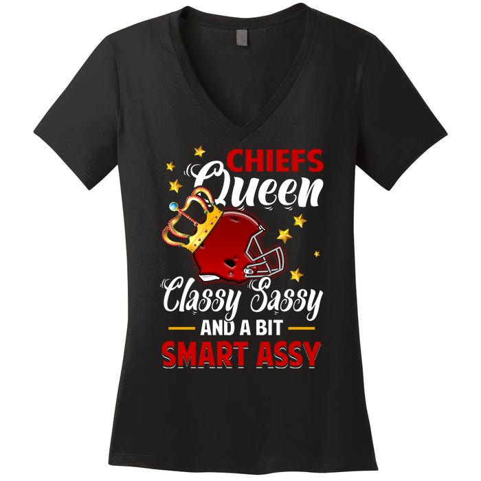 Kansas City Football Queen Classy Sassy And A Bit Smart Assy Women's V-Neck T-Shirt