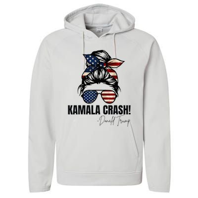 Kamala Crash Funny Trump 2024 Quotes Messy Bun Us Flag Performance Fleece Hoodie