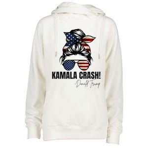 Kamala Crash Funny Trump 2024 Quotes Messy Bun Us Flag Womens Funnel Neck Pullover Hood