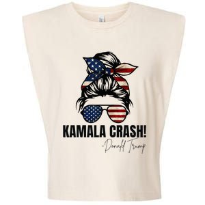 Kamala Crash Funny Trump 2024 Quotes Messy Bun Us Flag Garment-Dyed Women's Muscle Tee