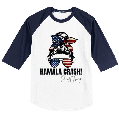 Kamala Crash Funny Trump 2024 Quotes Messy Bun Us Flag Baseball Sleeve Shirt