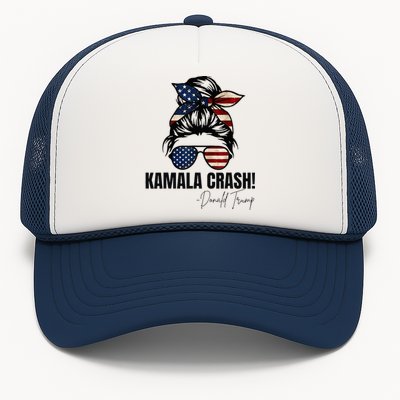 Kamala Crash Funny Trump 2024 Quotes Messy Bun Us Flag Trucker Hat