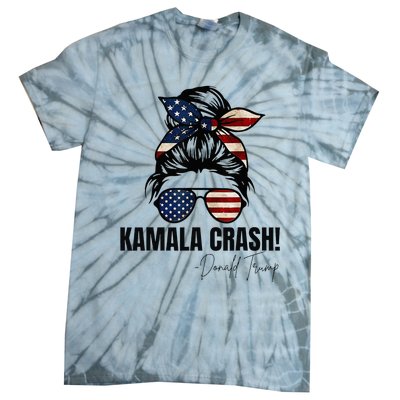 Kamala Crash Funny Trump 2024 Quotes Messy Bun Us Flag Tie-Dye T-Shirt