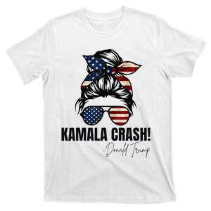 Kamala Crash Funny Trump 2024 Quotes Messy Bun Us Flag T-Shirt