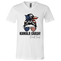 Kamala Crash Funny Trump 2024 Quotes Messy Bun Us Flag V-Neck T-Shirt