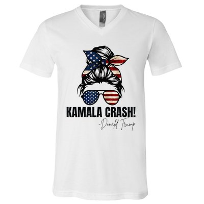 Kamala Crash Funny Trump 2024 Quotes Messy Bun Us Flag V-Neck T-Shirt