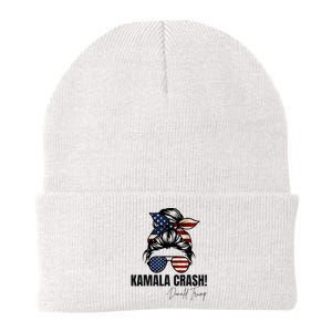 Kamala Crash Funny Trump 2024 Quotes Messy Bun Us Flag Knit Cap Winter Beanie