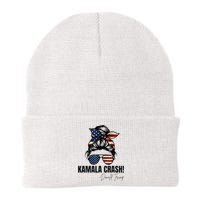 Kamala Crash Funny Trump 2024 Quotes Messy Bun Us Flag Knit Cap Winter Beanie