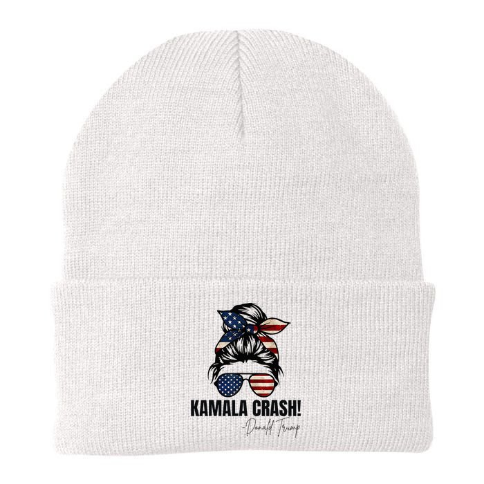 Kamala Crash Funny Trump 2024 Quotes Messy Bun Us Flag Knit Cap Winter Beanie