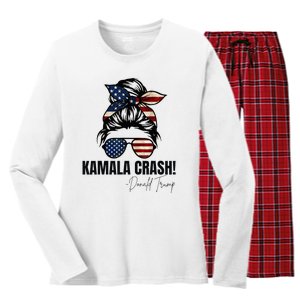 Kamala Crash Funny Trump 2024 Quotes Messy Bun Us Flag Women's Long Sleeve Flannel Pajama Set 