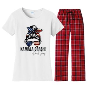 Kamala Crash Funny Trump 2024 Quotes Messy Bun Us Flag Women's Flannel Pajama Set