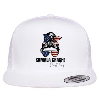 Kamala Crash Funny Trump 2024 Quotes Messy Bun Us Flag Flat Bill Trucker Hat