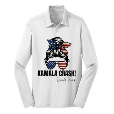 Kamala Crash Funny Trump 2024 Quotes Messy Bun Us Flag Silk Touch Performance Long Sleeve Polo