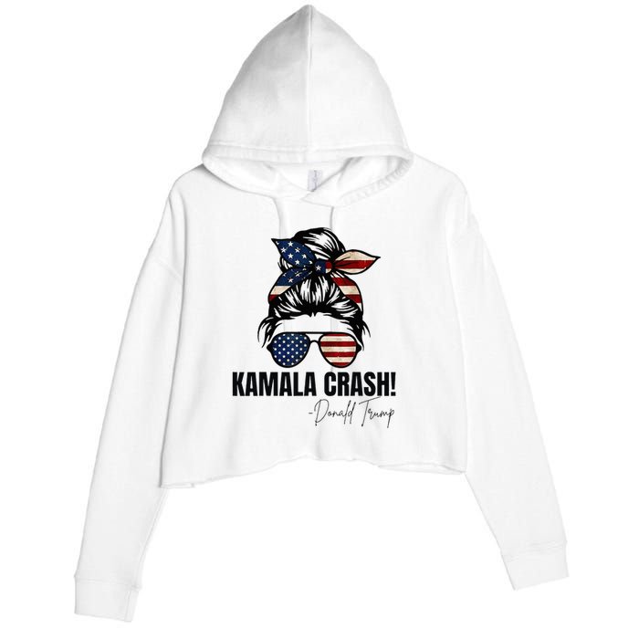 Kamala Crash Funny Trump 2024 Quotes Messy Bun Us Flag Crop Fleece Hoodie