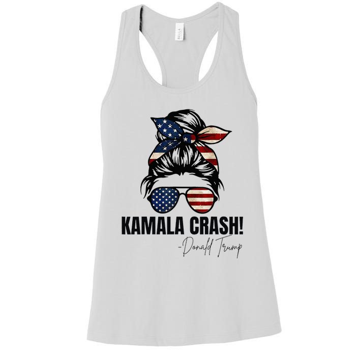 Kamala Crash Funny Trump 2024 Quotes Messy Bun Us Flag Women's Racerback Tank