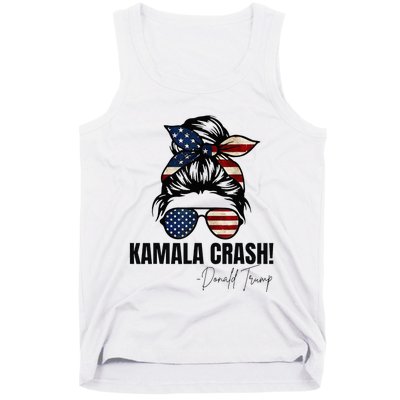 Kamala Crash Funny Trump 2024 Quotes Messy Bun Us Flag Tank Top